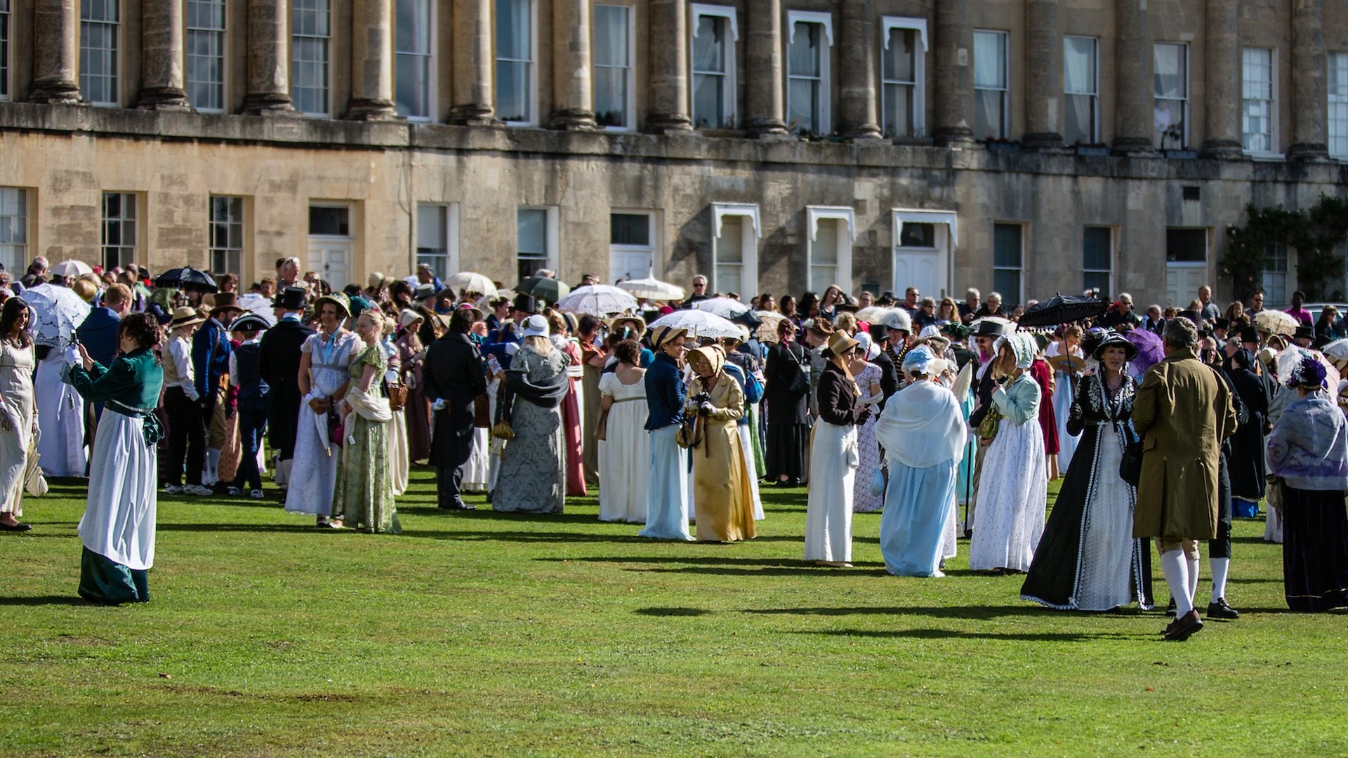 Jane Austen fans, dressed in period costume, on Royal Crescent